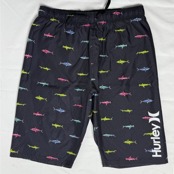 Hurley Boy's Black Swim Trunks Sz:XL Shark Theme Back Pocket - Picture 1 of 7